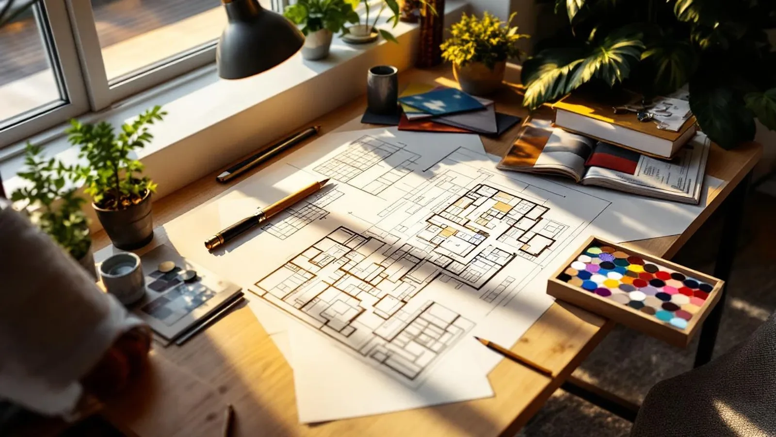 Architetto milanese che illustra una planimetria su tavolo luminoso con materiali campione, palette neutra