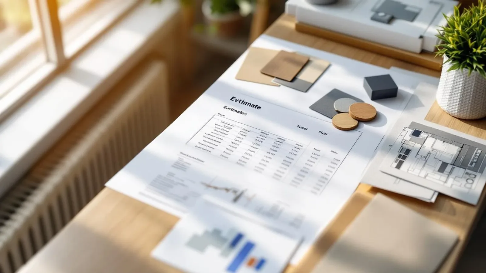 Documento di preventivo architettonico su scrivania con pianta e campioni materiali