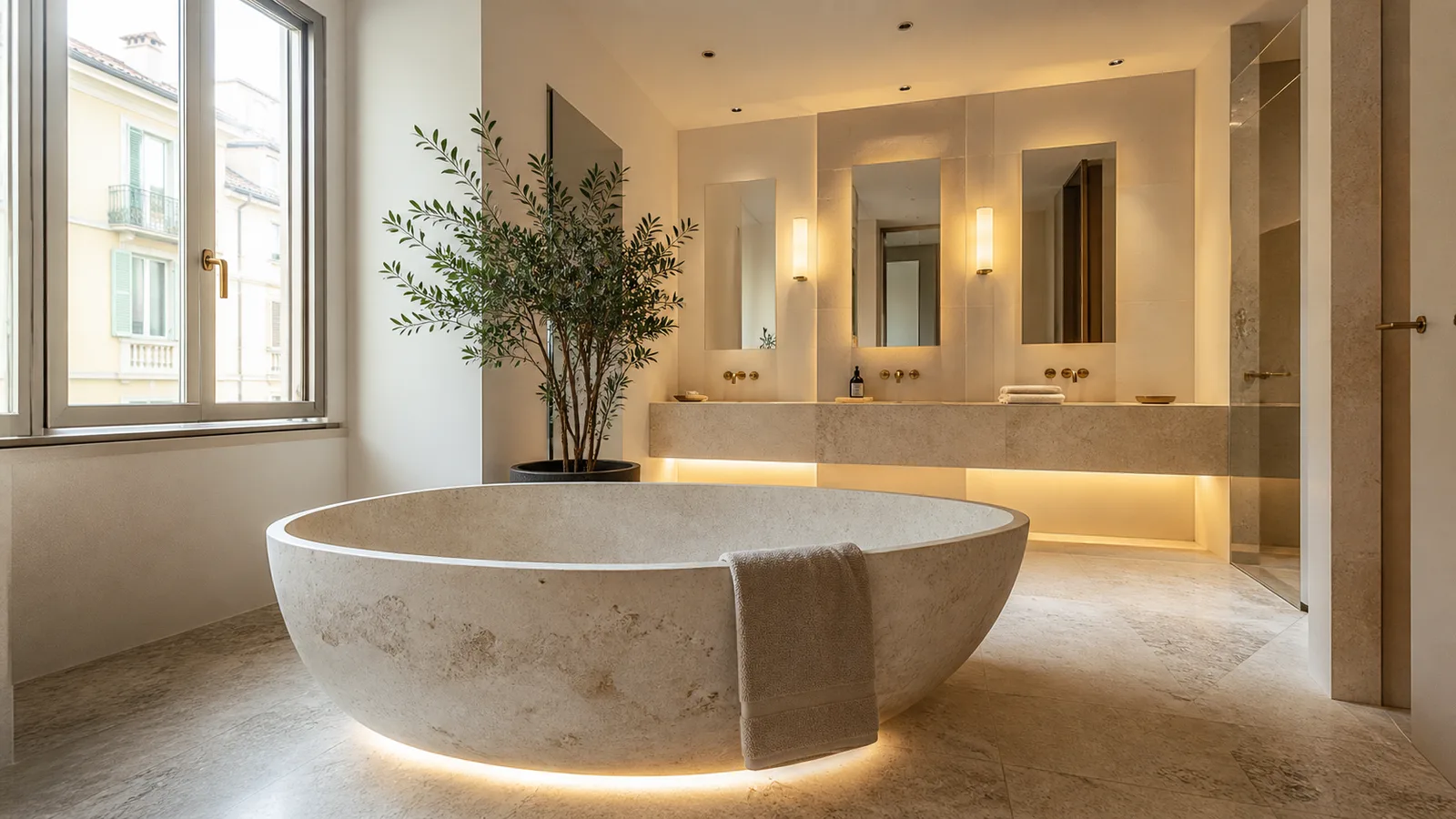 Bagno di lusso a Milano con vasca freestanding in pietra e illuminazione stratificata