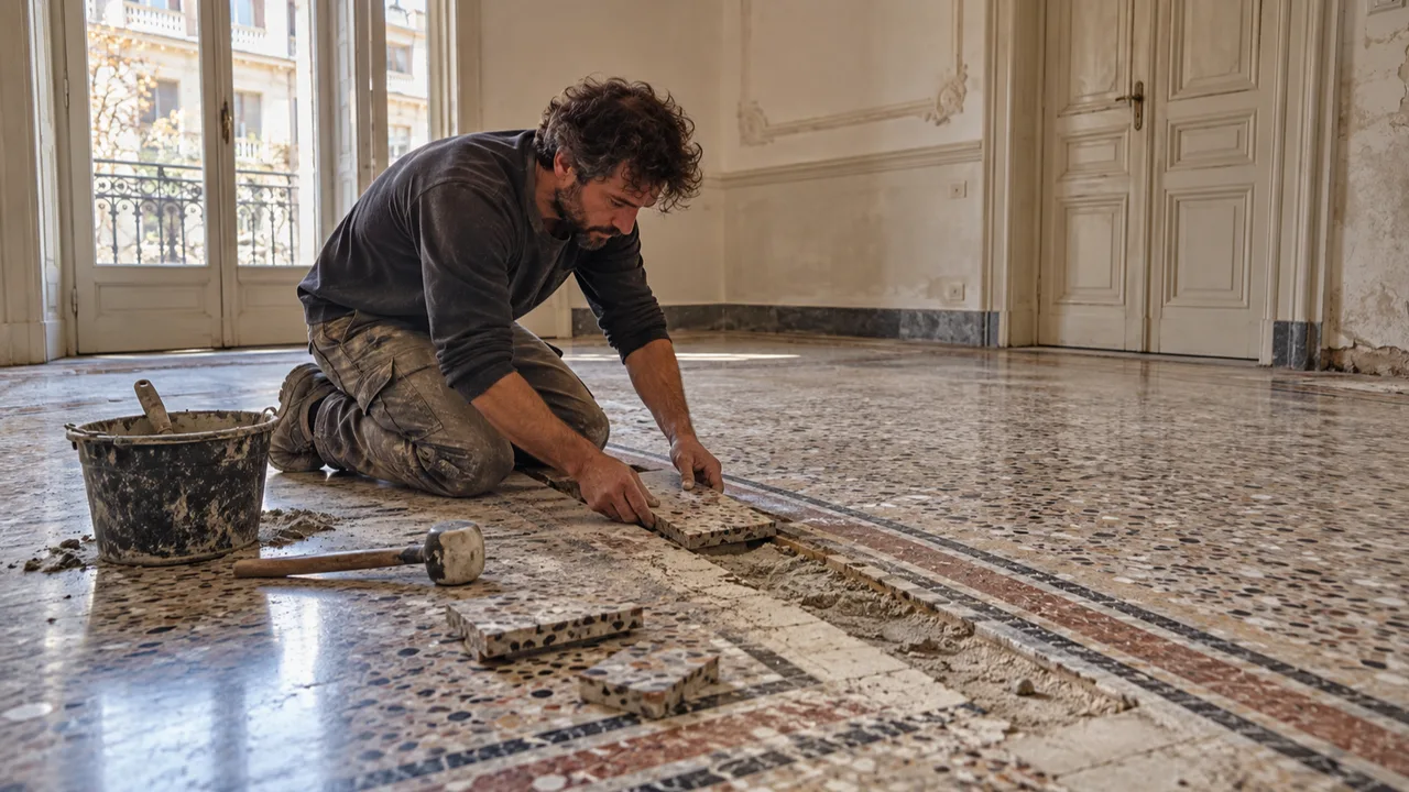 Integrazione del pavimento in graniglia dove è stato demolito un tramezzo in una casa d'epoca a Milano