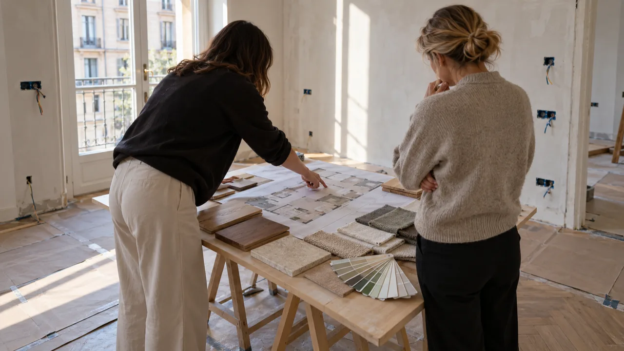 Interior designer e cliente esaminano pianta arredata e campioni di materiali in un appartamento in ristrutturazione a Milano