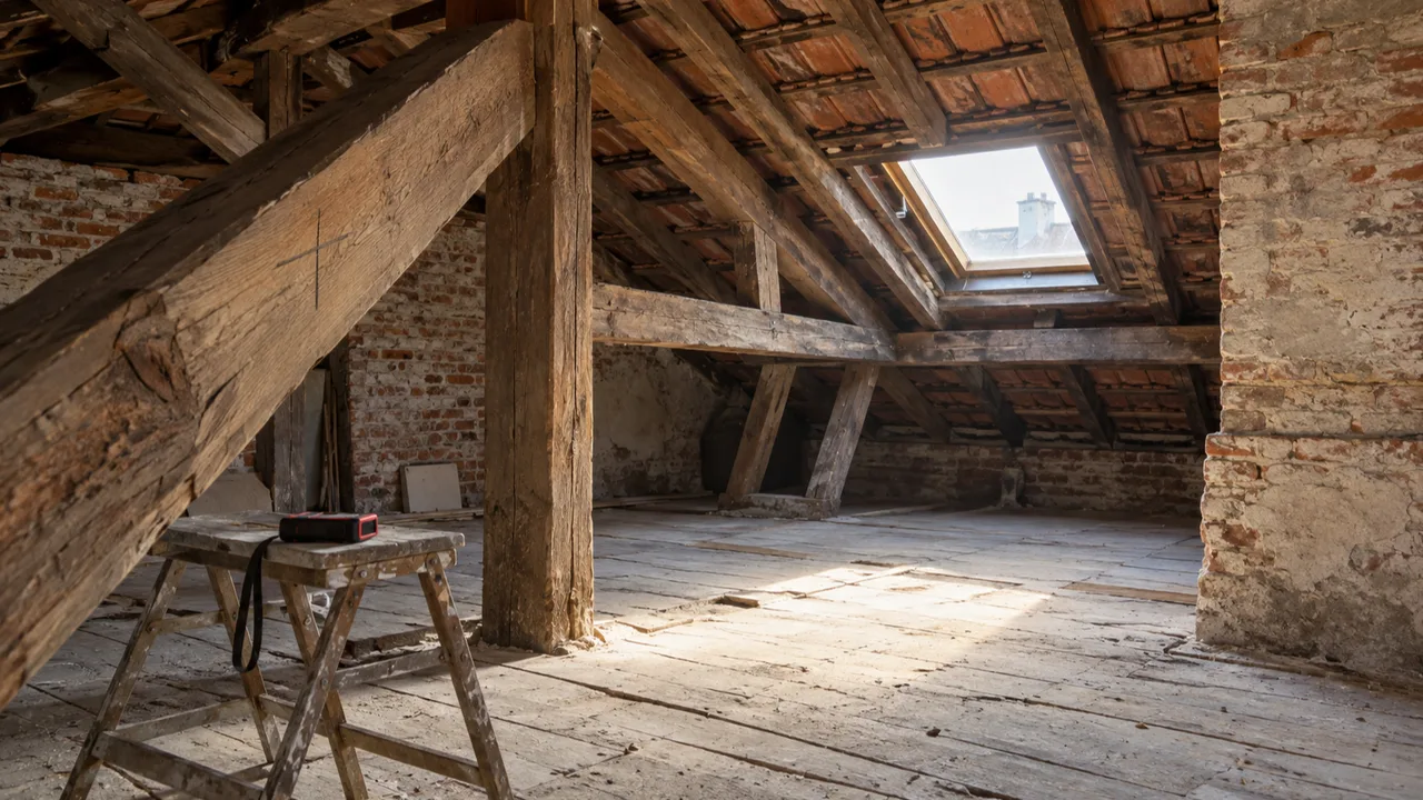 Sottotetto al rustico di un palazzo milanese durante il rilievo delle altezze per il recupero