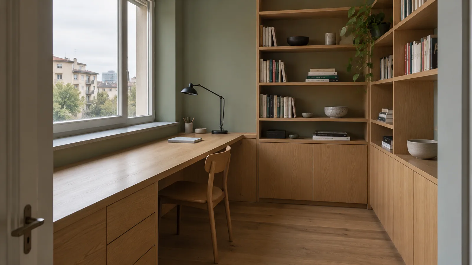 Studio in casa a Milano con scrivania e librerie su misura in rovere e pareti verde salvia
