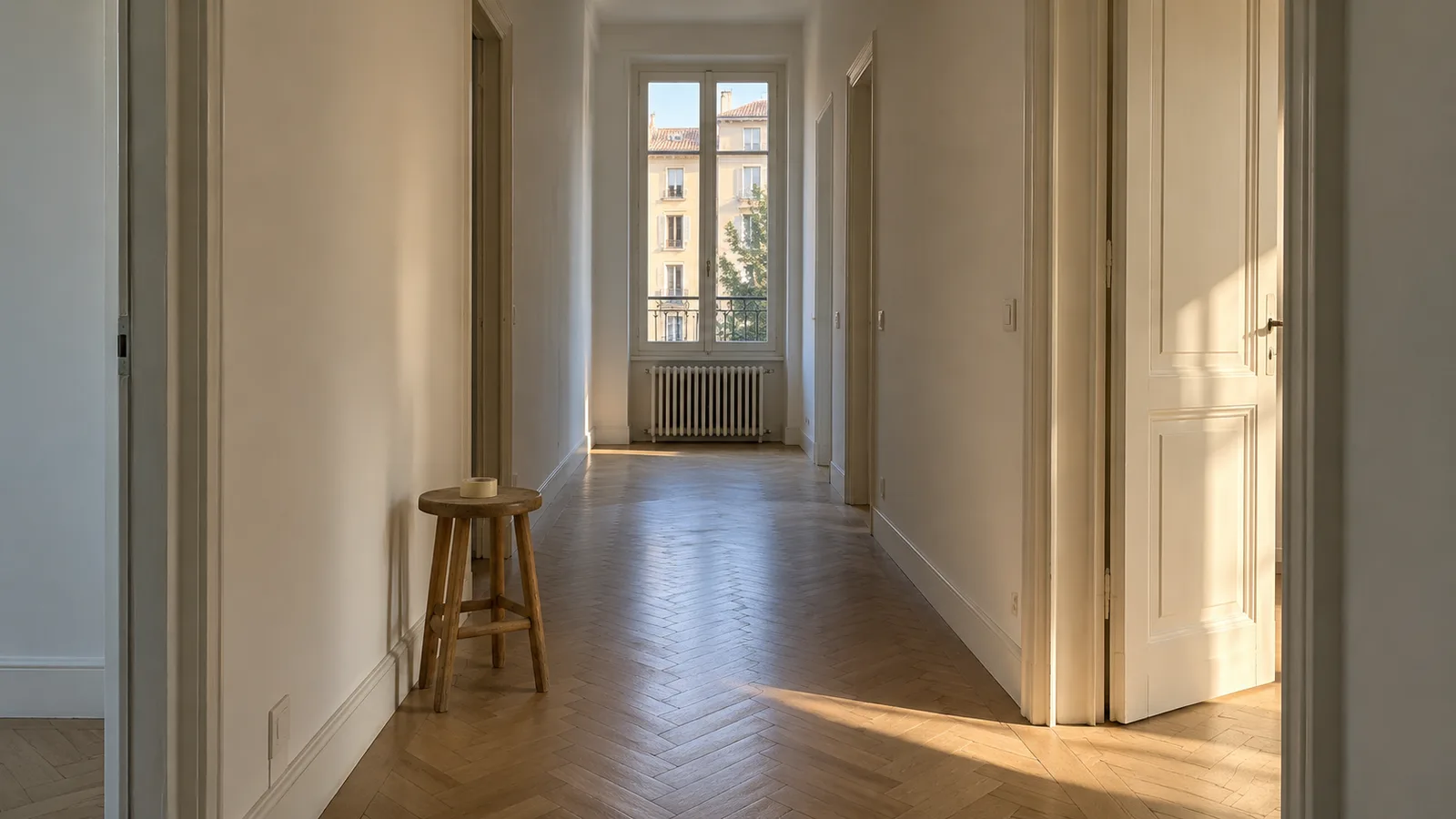 Corridoio di un appartamento appena concluso a Milano, con parquet a spina e finestra in fondo