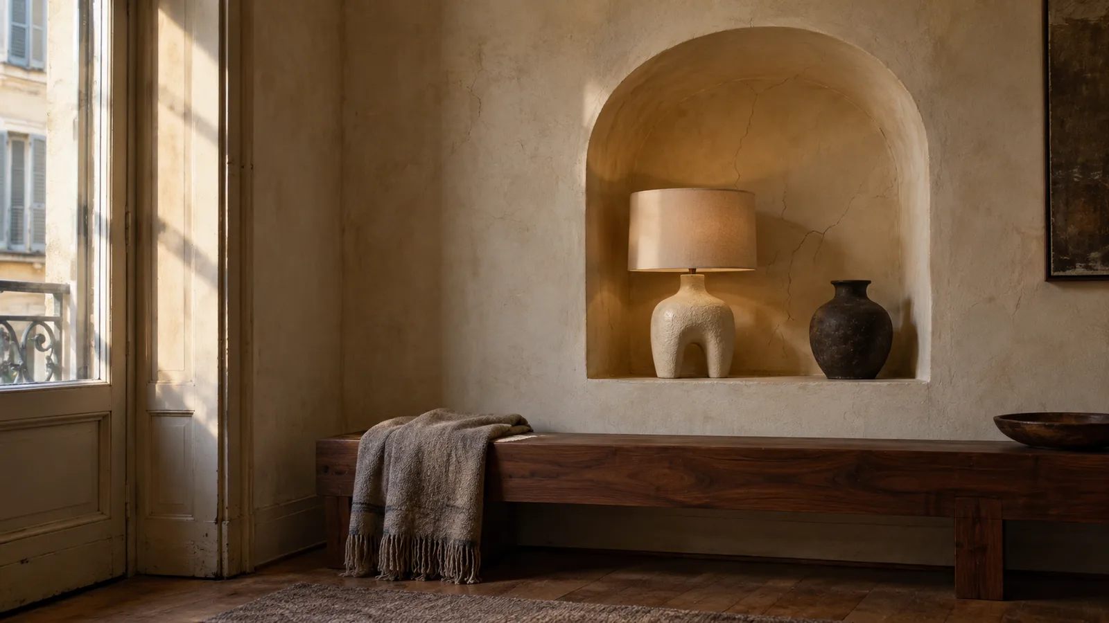 Nicchia arrotondata in intonaco a calce con lampada in ceramica e panca in noce, in un appartamento di Milano