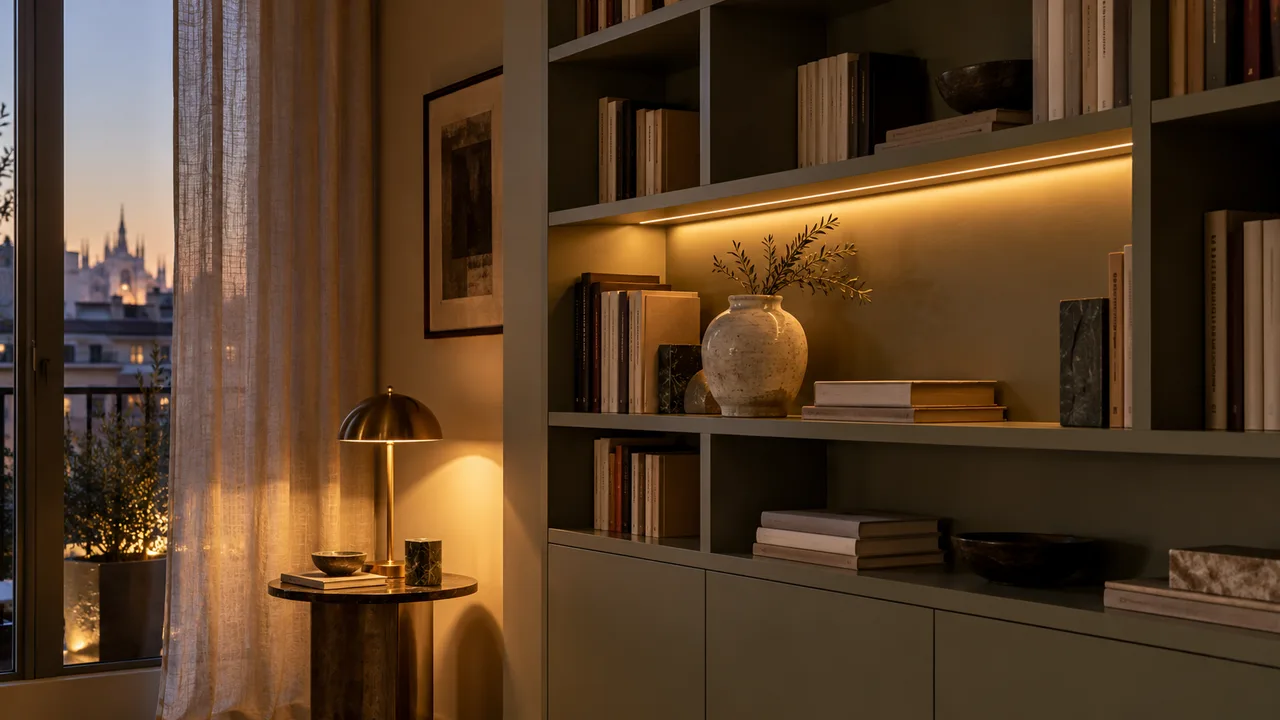 Living in serata con luce d'accento sulla libreria e lampada da lettura