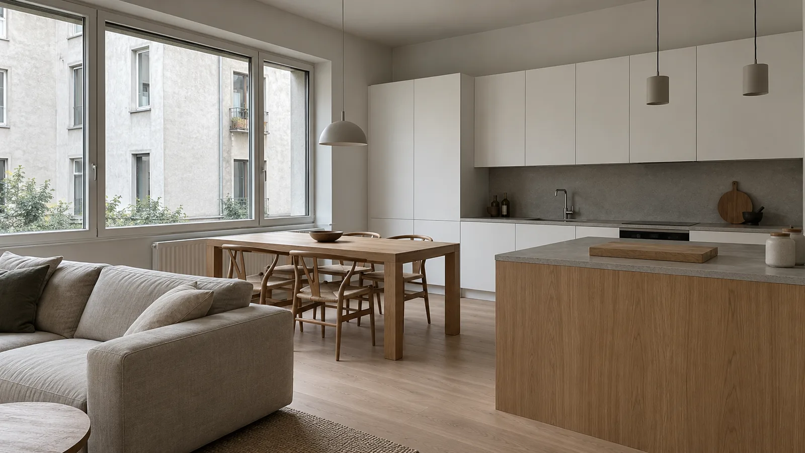 Zona giorno a pianta aperta in un appartamento ristrutturato a Milano, con penisola in rovere e piano in pietra grigia