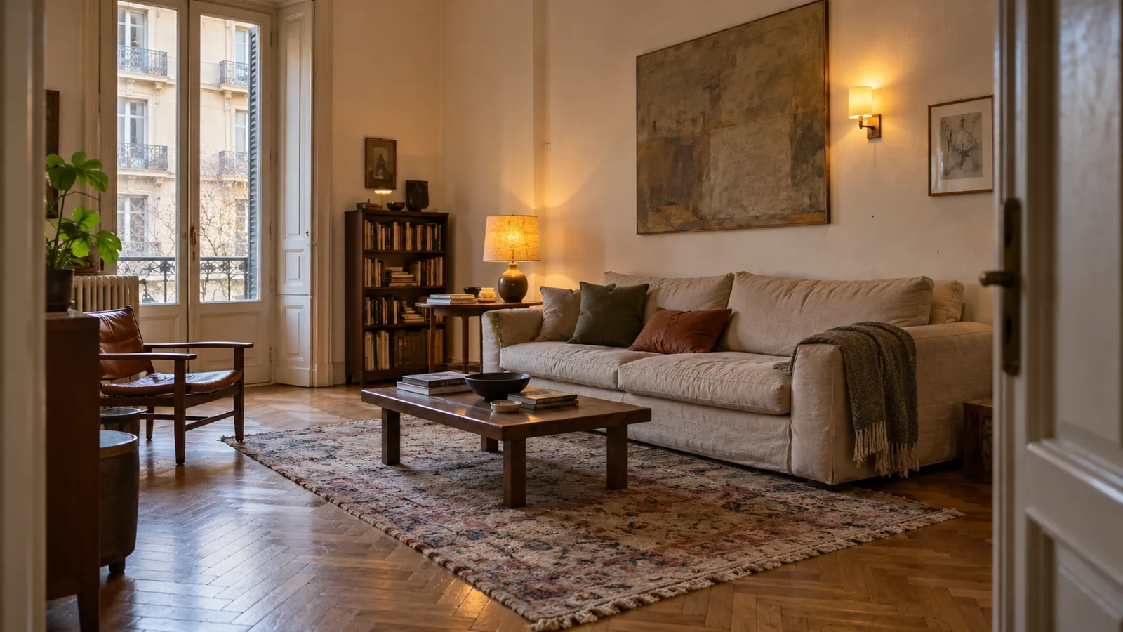 Soggiorno milanese con luce naturale dalla finestra, lampada da tavolo e applique accese