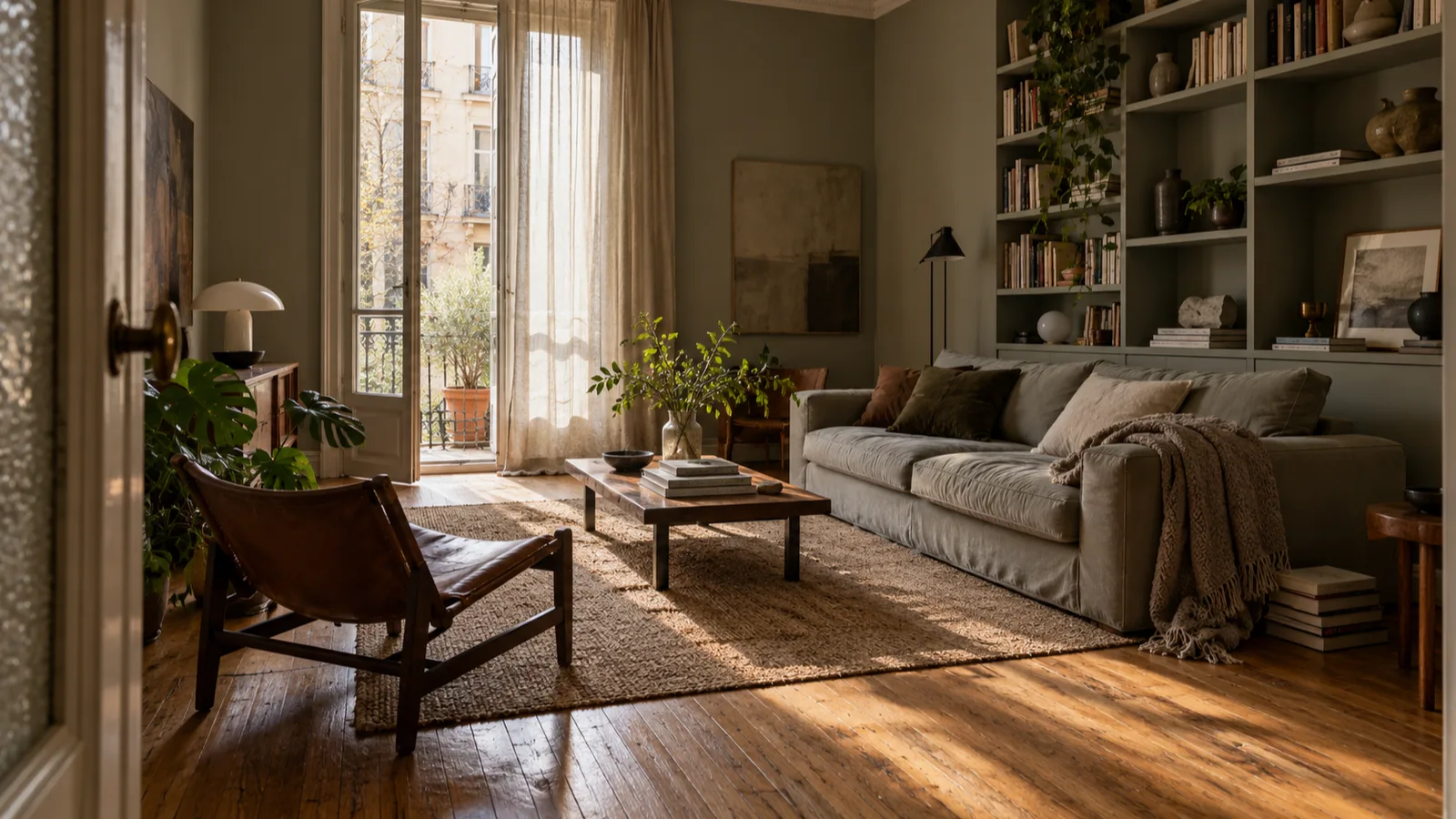 Soggiorno di un appartamento milanese con balcone aperto, divano grigio-verde, libreria a muro e luce del pomeriggio sul parq
