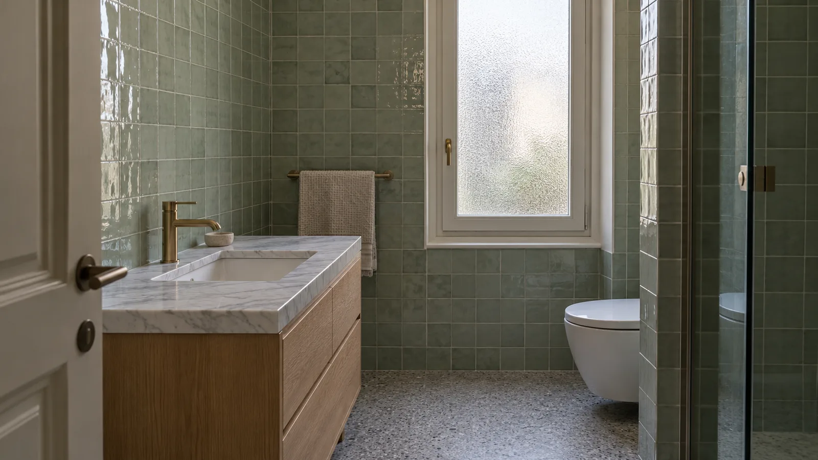 Bagno ristrutturato a Milano con piastrelle verde chiaro fatte a mano e piano in marmo bianco