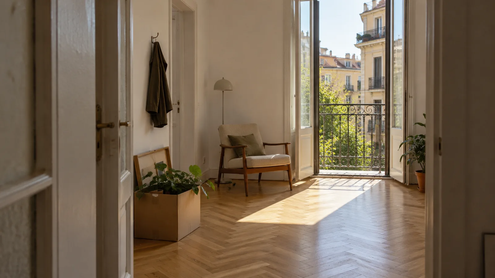 Appartamento pronto da abitare a Milano, con parquet a spina, pareti bianche e porta balcone aperta
