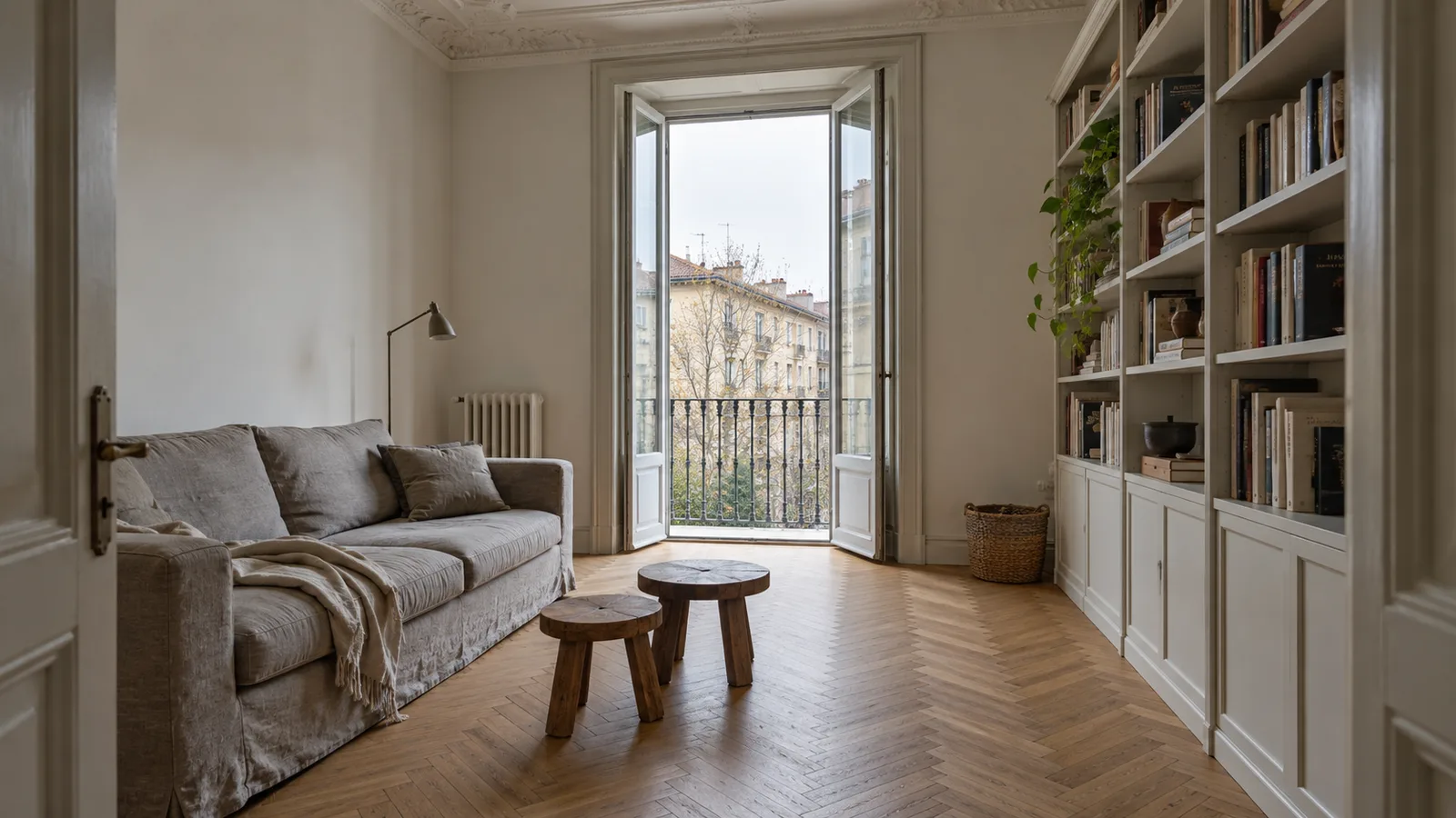Salotto di un appartamento milanese di inizio Novecento ristrutturato, con soffitto restaurato e porta-finestra sul balcone